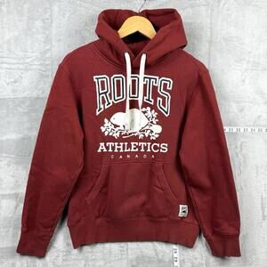 Roots Organic Cotton Hoodie Unisex Size XS Burgundy Beaver Logo Fleece Relaxed